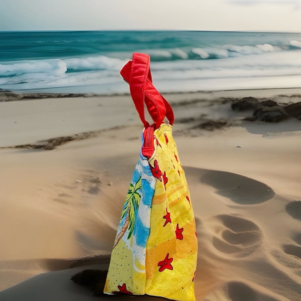 Paradise/Beach Themed Purse - Cotton Canvas - Caricature Starfish - Palm Trees - Picture 2 of 7